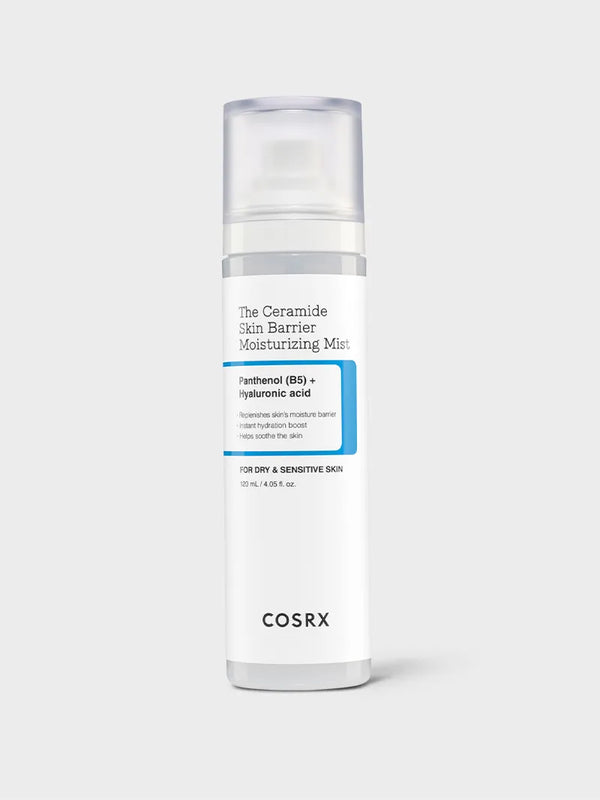 COSRX The Ceramide Skin Barrier Moisturizing Mist bottle shown upright with label highlighting Panthenol (B5) and Hyaluronic Acid; lightweight Korean mist for dry and sensitive skin that restores barrier strength, boosts hydration, and soothes irritation, suitable for refreshing over makeup.