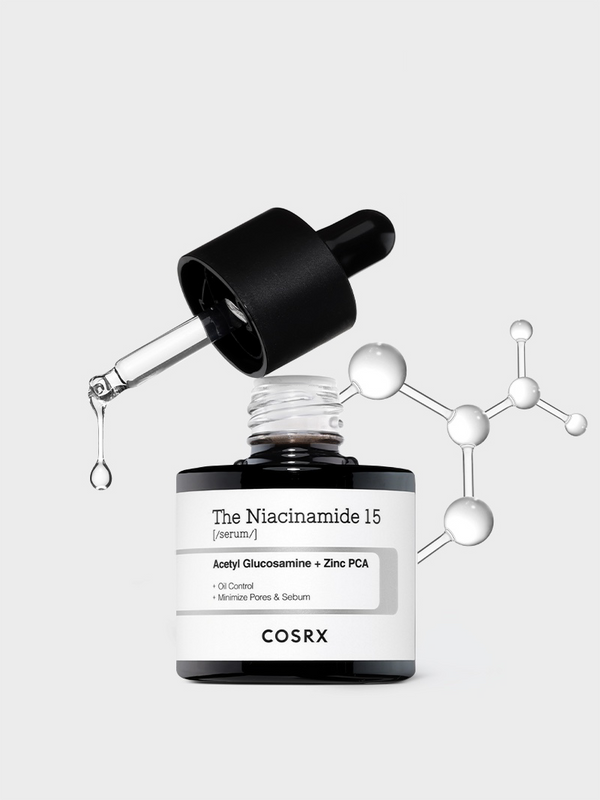 COSRX The Niacinamide 15 Serum with dropper and molecular structure, featuring 15% niacinamide blended with Acetyl Glucosamine and Zinc PCA; clinically designed for acne-prone, oily skin to control sebum, reduce large pores, and smooth skin texture; compatible with exfoliating or brightening actives.